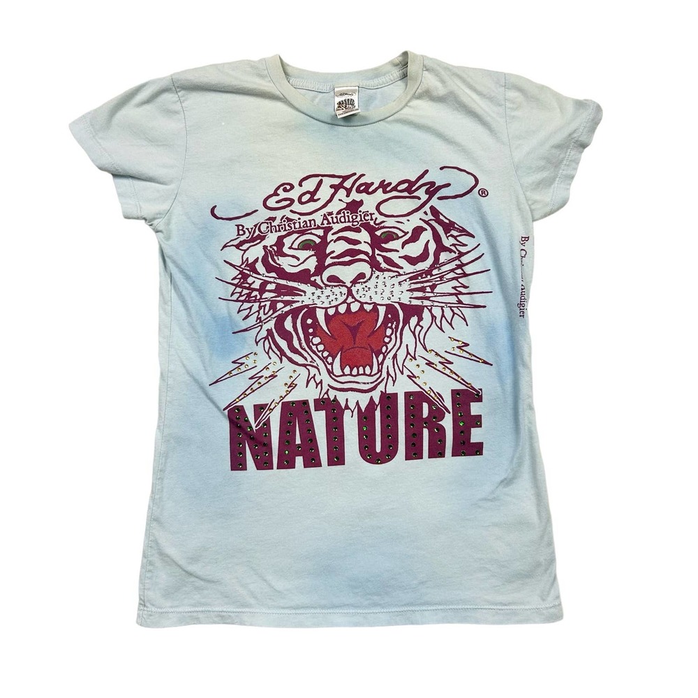 Ed Hardy baby blue nature lion rhinestone fitted tee size M